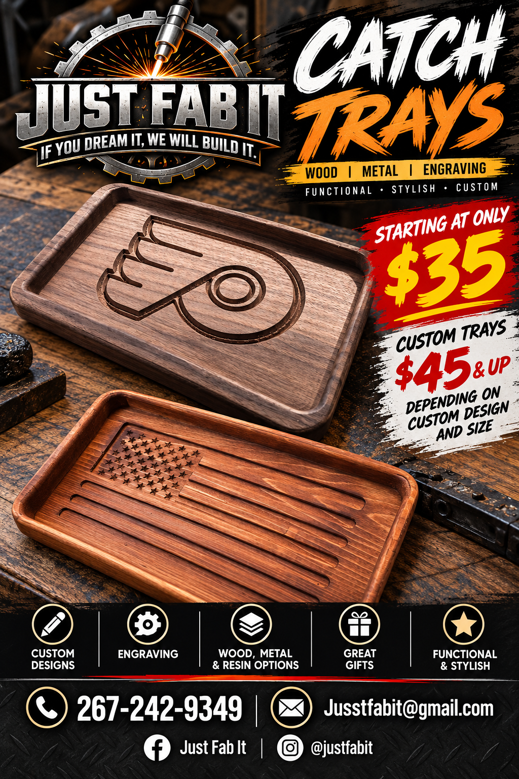 Handcrafted wooden catch trays from Just Fab It with custom engraving examples and pricing