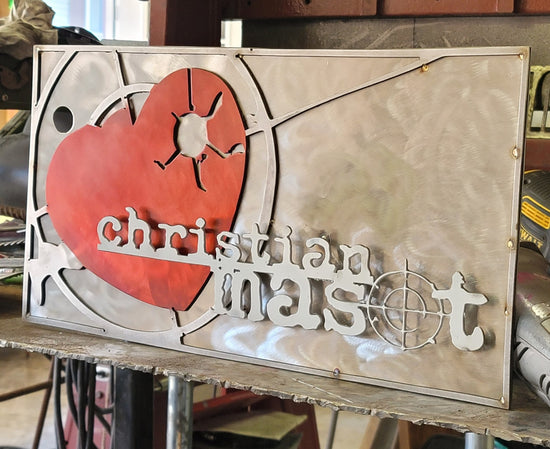Custom layered Christian Faust metal sign made by JUST FAB IT