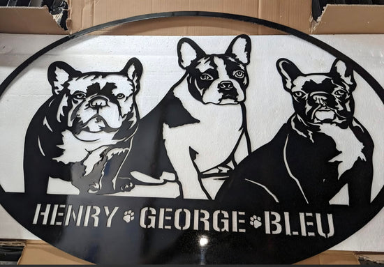 Custom three-dog metal portrait sign made by JUST FAB IT
